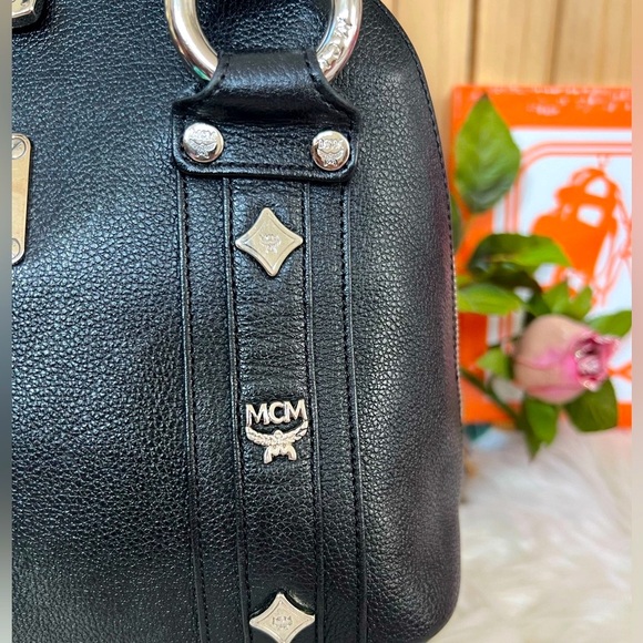 MCM Studded Silver Mini Boston Handbag with Zipper Closure - Picture 3 of 12